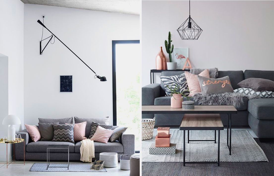 Decoration salon rose et gris