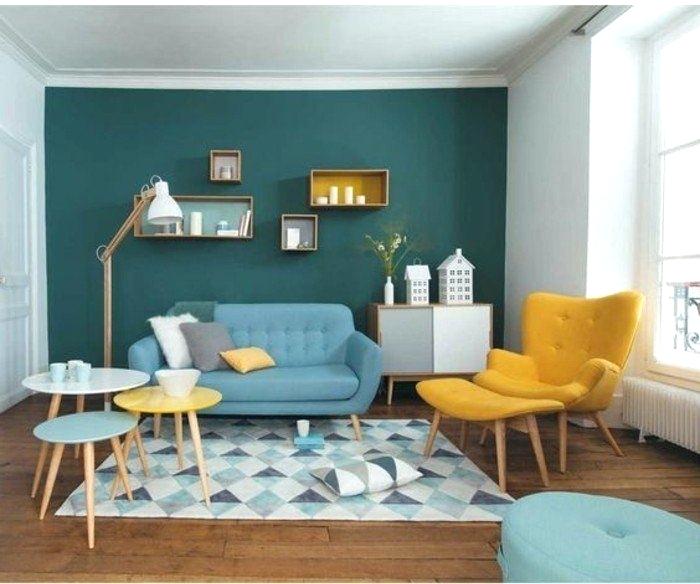 Decoration salon gris jaune et bleu