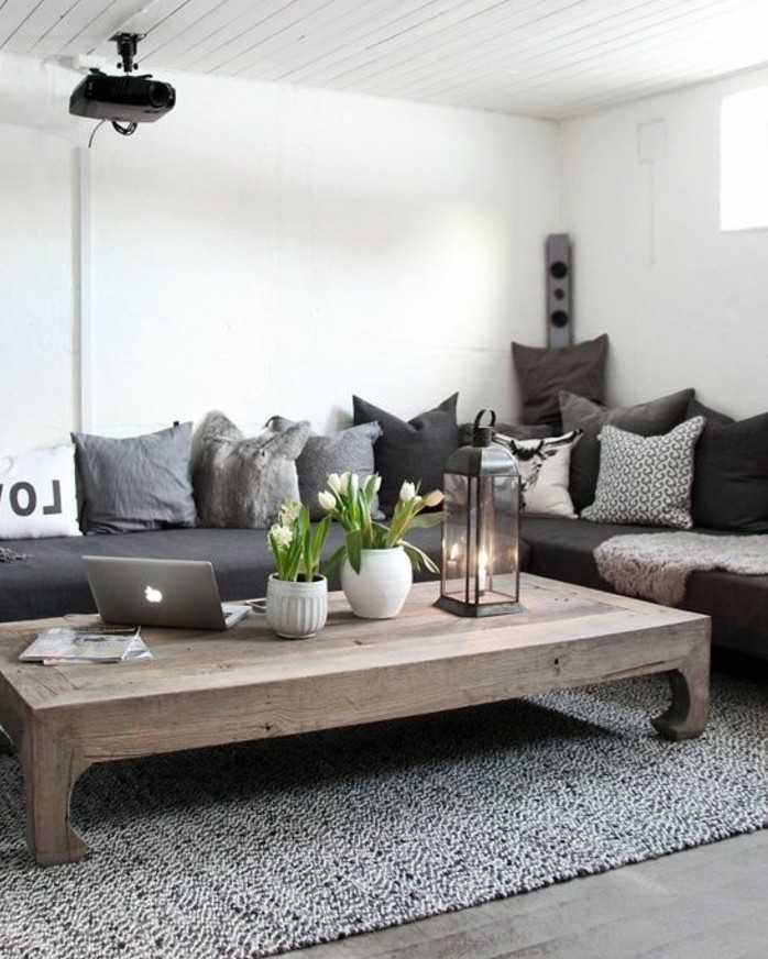 Decoration salon noir blanc et bois