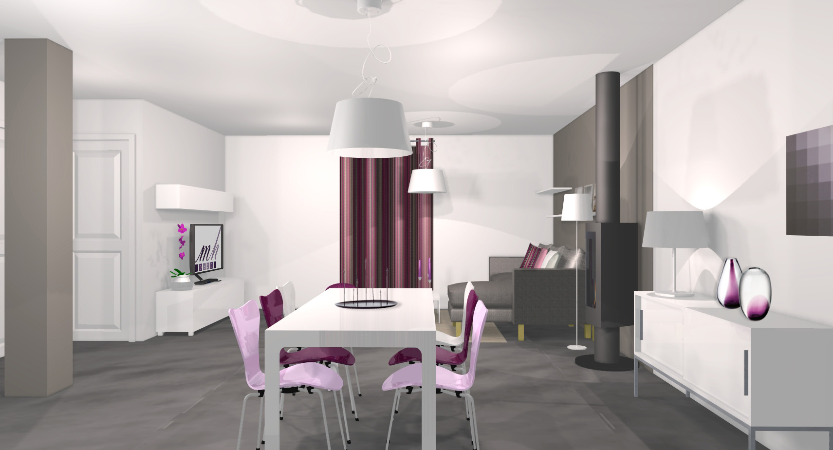 Decoration salon noir et prune