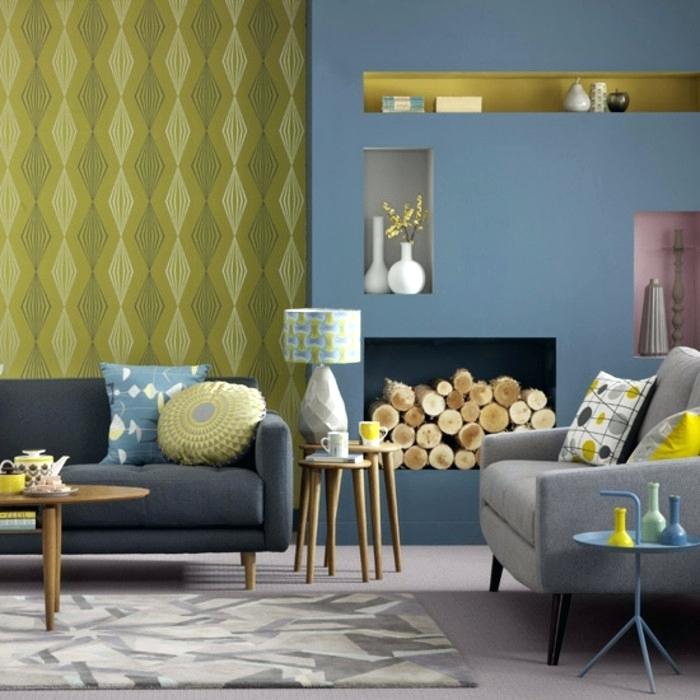 Decoration salon bleu jaune