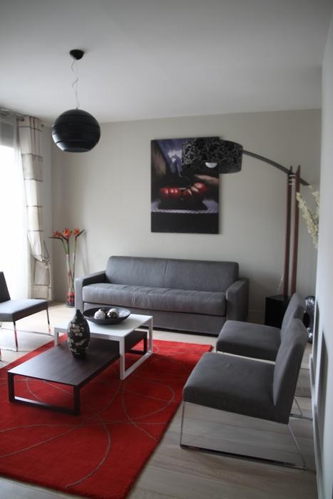 Decoration salon noir blanc et rouge