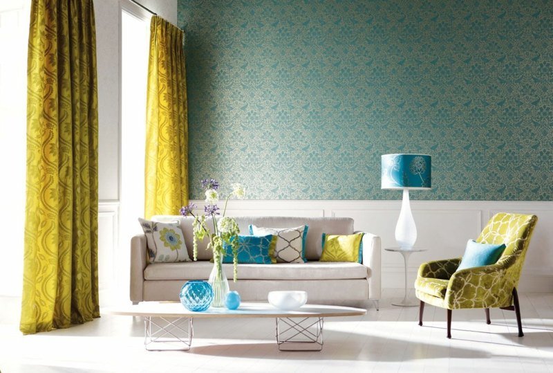 Decoration salon rideau bleu