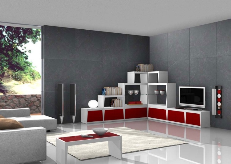 Decoration salon gris et rouge