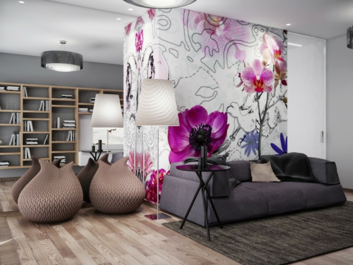 Decoration salon gris et fuchsia