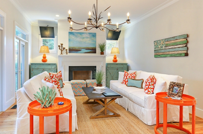 Decoration salon couleur corail