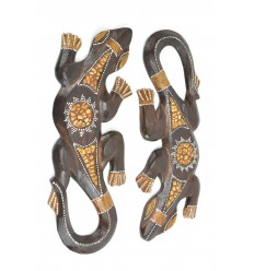 Gecko En Bois Décoration Murale 50 Cm - Sculpture Main Marron/Beige, Style Ethnique Et Exotique