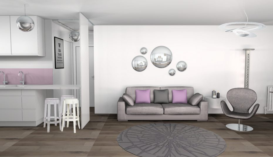 Décoration salon taupe et violet