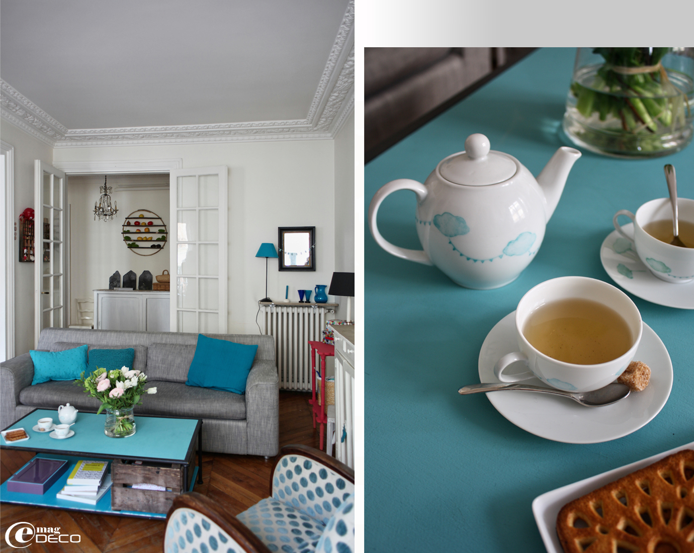 Decoration salon bleu turquoise et gris