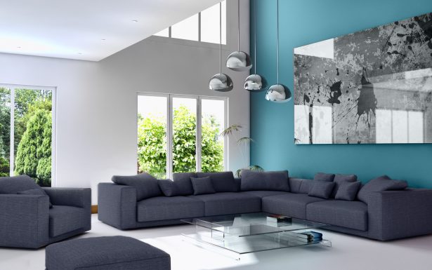 Décoration salon bleu canard bois