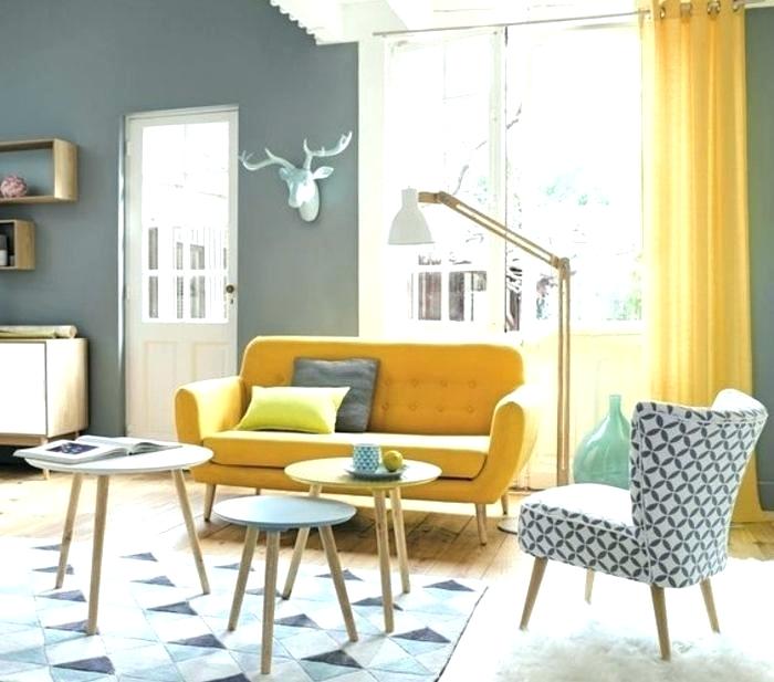 Decoration salon gris et moutarde