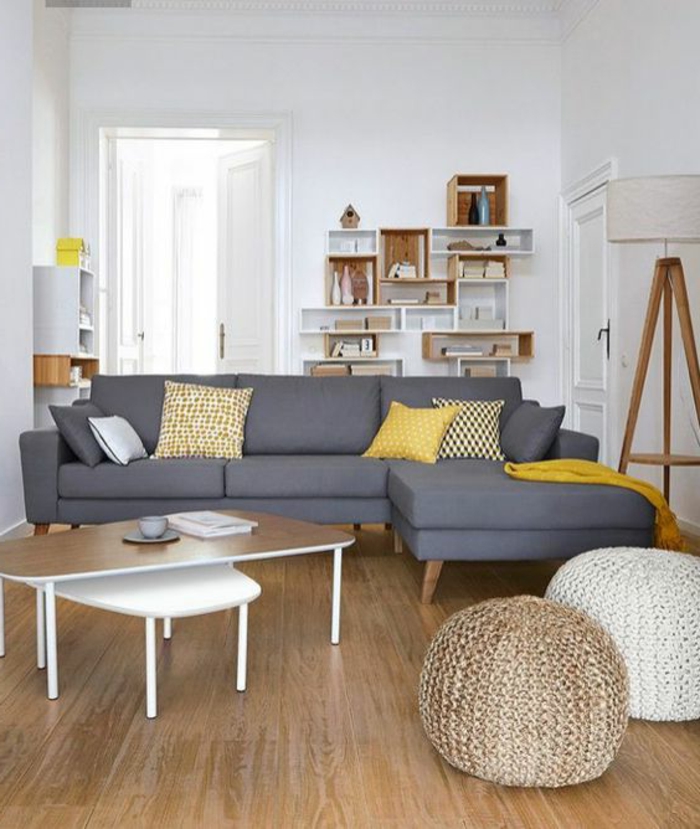 Idée décoration salon gris et jaune