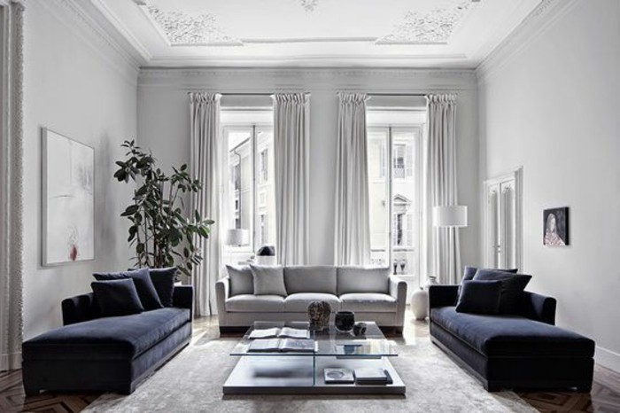 Decoration salon gris blanc bleu