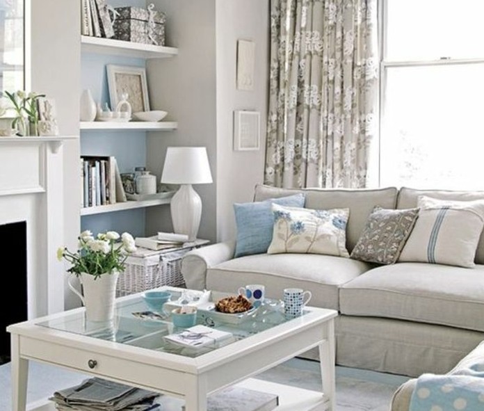 Décoration salon gris blanc bleu