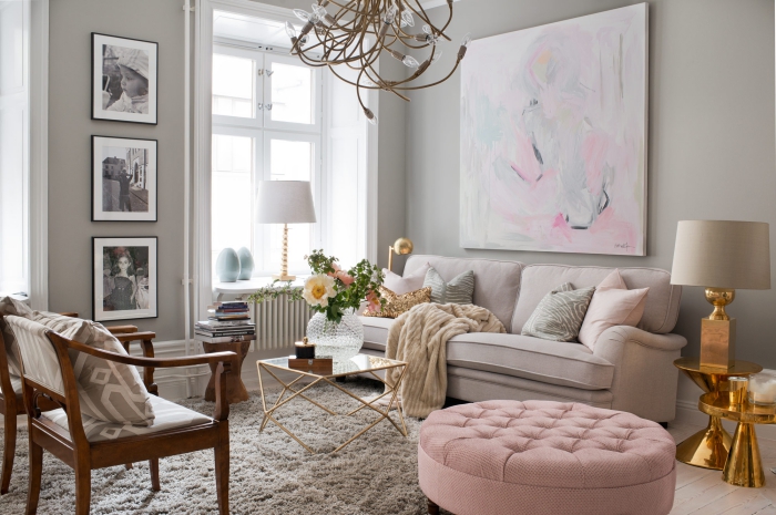 Décoration salon gris rose
