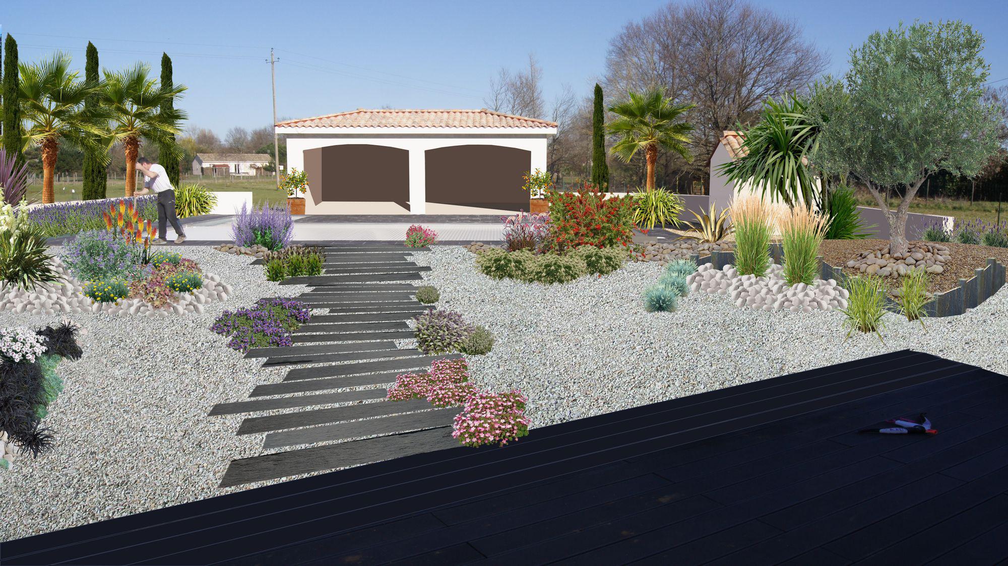 Decoration jardin autour d'une piscine