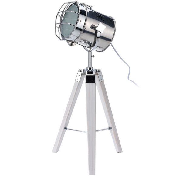 Lampe projecteur design vintage et rétro en métal style cuivre et trépied en bois.